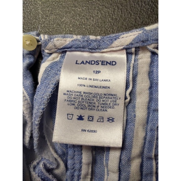 Lands End Women's 12P Petite Top Blouse 100% Linen Blue Stripe Sleeveless Hi low - Picture 5 of 7
